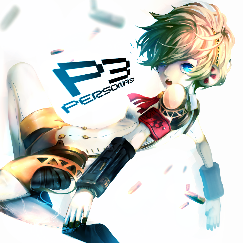 aegis_(persona) android armband bad_id bad_pixiv_id blonde_hair blue_eyes bow eri127 hair_over_one_eye persona persona_3 ribbon robot_joints short_hair simple_background solo