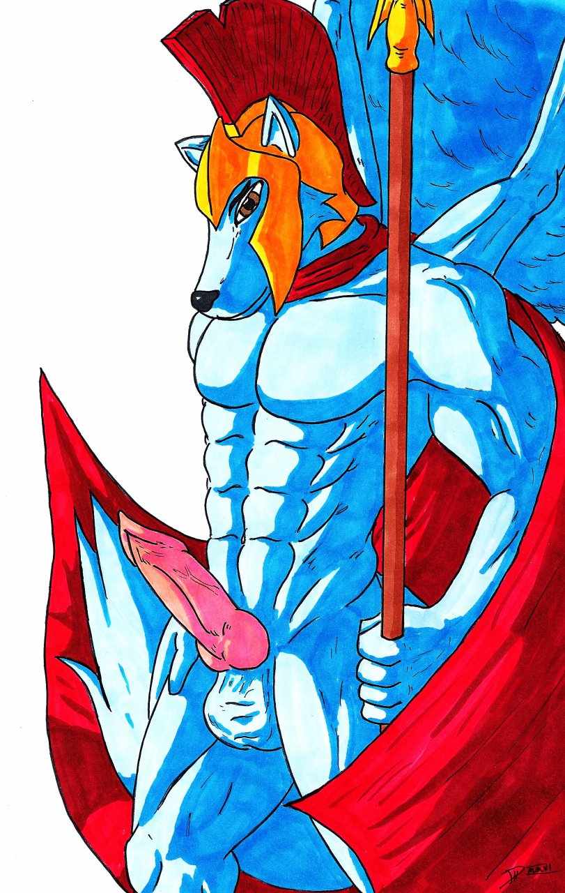 8pack animal_genitalia anthro armor balls biceps big big_penis brown_eyes canine canine_penis cape dog erection fur helmet knot male mammal muscles nude pecs penis polearm pose sheath solo spear standing unknown_artist vein veins weapon wings