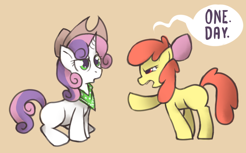 apple_bloom_(mlp) cowboy_hat cub duo english_text equine female feral friendship_is_magic fur green_eyes hair hat horn horse karzahnii mammal my_little_pony plain_background pony red_hair ribbons scarf sweetie_belle_(mlp) text two_tone_hair unicorn white_fur yellow_fur young
