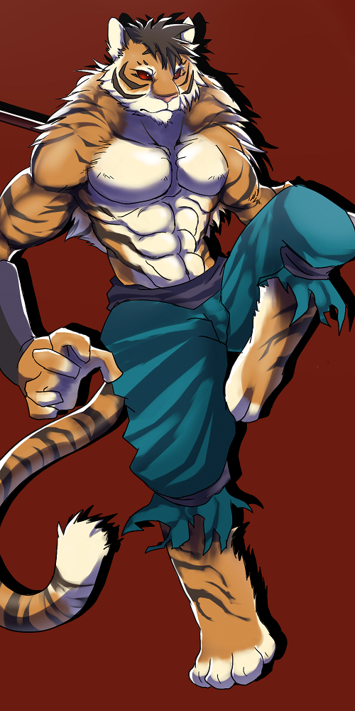 anthro belt biceps body_markings clothed clothing feline fur half-dressed male mammal markings muscles pants pecs polearm pose red_eyes solo staff standing stripes tiger toned topless unknown_artist warrior weapon