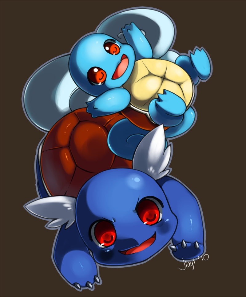 blue_skin claws duo feral grey_background jiayi nintendo open_mouth plain_background pok&#233;mon red_eyes shell smile squirtle video_games wartortle