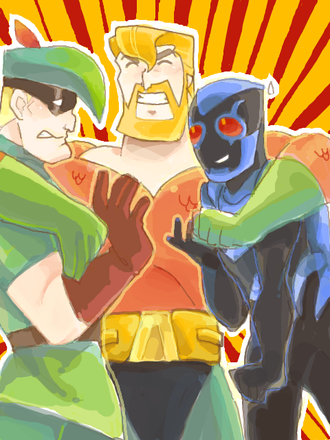 3boys aqua_man armor arthur_curry blonde_hair blue_beetle dc_comics green_arrow hat jamie_reyes male male_focus mask multiple_boys oliver_queen smile the_brave_and_the_bold