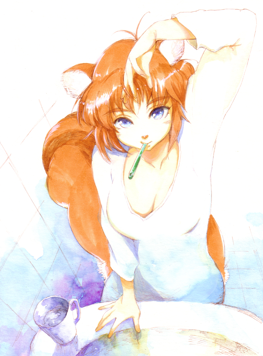 animal_ears arm_up blue_eyes breasts brown_hair cleavage highres hirokazu medium_breasts mouth_hold original solo squirrel_ears squirrel_tail tail toothbrush v-neck