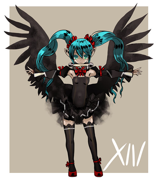 black_wings green_eyes green_hair hatsune_miku kanipanda long_hair looking_at_viewer pointy_ears simple_background solo thighhighs vocaloid wings