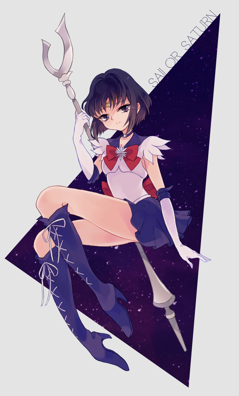 back_bow bishoujo_senshi_sailor_moon black_hair blue_skirt boots bow brooch character_name choker full_body gloves highres holding holding_spear holding_weapon jewelry kayo326 knee_boots magical_girl polearm purple_eyes purple_footwear purple_sailor_collar purple_skirt red_bow ribbon sailor_collar sailor_saturn sailor_senshi_uniform short_hair silence_glaive skirt smile solo spear star star_choker tiara tomoe_hotaru weapon white_gloves