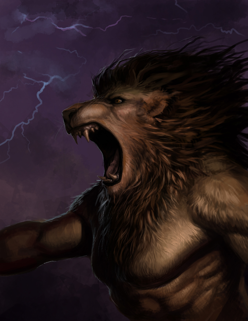 fangs feline lightning lion male open_mouth portrait realistic roaring ryan_wardlow simple_background solo