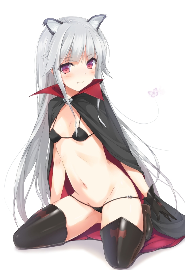 animal_ears bikini bishoujo_mangekyou black_bikini black_cape black_footwear black_gloves black_legwear boots bug butterfly cape cat_ears fang flat_chest gloves insect kagarino_kirie long_hair looking_at_viewer micro_bikini navel okino_ryuuto silver_hair simple_background sitting smile solo swimsuit thigh_boots thighhighs vampire very_long_hair white_background