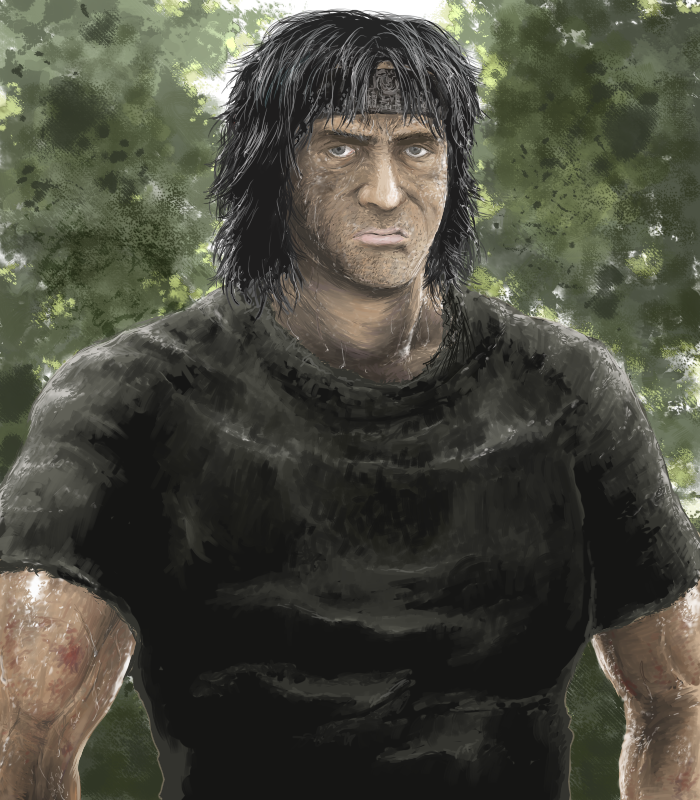 bandana black_hair blood forest grey_hair injury lips long_hair male_focus manly muscle nature old rambo realistic serious shirt solo sweat sylvester_stallone ymr