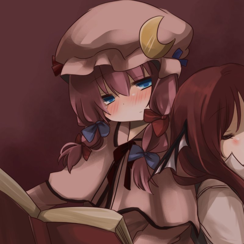 bad_id bad_pixiv_id blue_eyes blush book bow capelet closed_eyes crescent hair_bow hat head_wings koakuma leaning_on_person multiple_girls patchouli_knowledge pikojirokurao purple_hair reading red_hair sleeping touhou