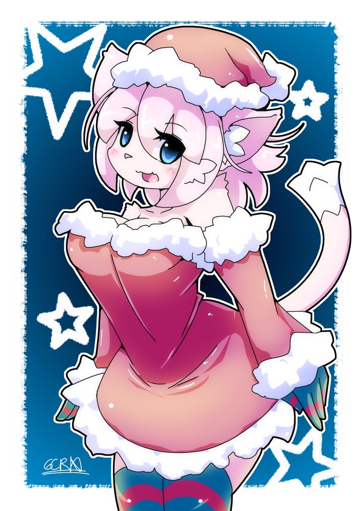 blue_eyes cat christmas_clothes christmas_hat fullmoon_gtrn furry pink_hair short_hair