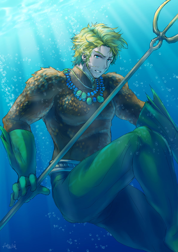 1boy aqua_man aquaman_(dc) aquaman_(series) arthur_curry blonde_hair blue_eyes dc_comics looking_at_viewer male male_focus muraosa_(conjecture) polearm scale_armor solo swimming trident underwater water weapon