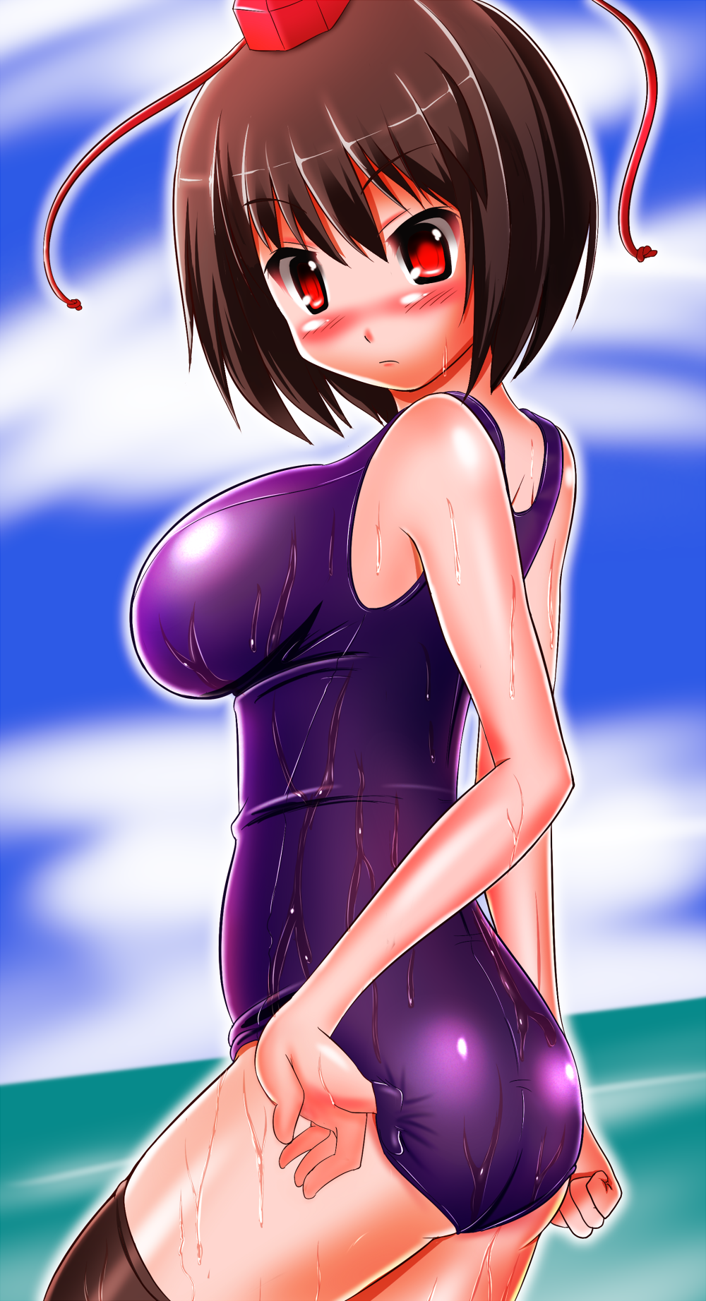 adjusting_clothes adjusting_swimsuit black_legwear blush breasts brown_hair hat highres honda_takaharu impossible_clothes impossible_swimsuit large_breasts looking_at_viewer one-piece_swimsuit red_eyes school_swimsuit shameimaru_aya shiny shiny_clothes short_hair solo swimsuit thighhighs tokin_hat touhou wet wet_clothes