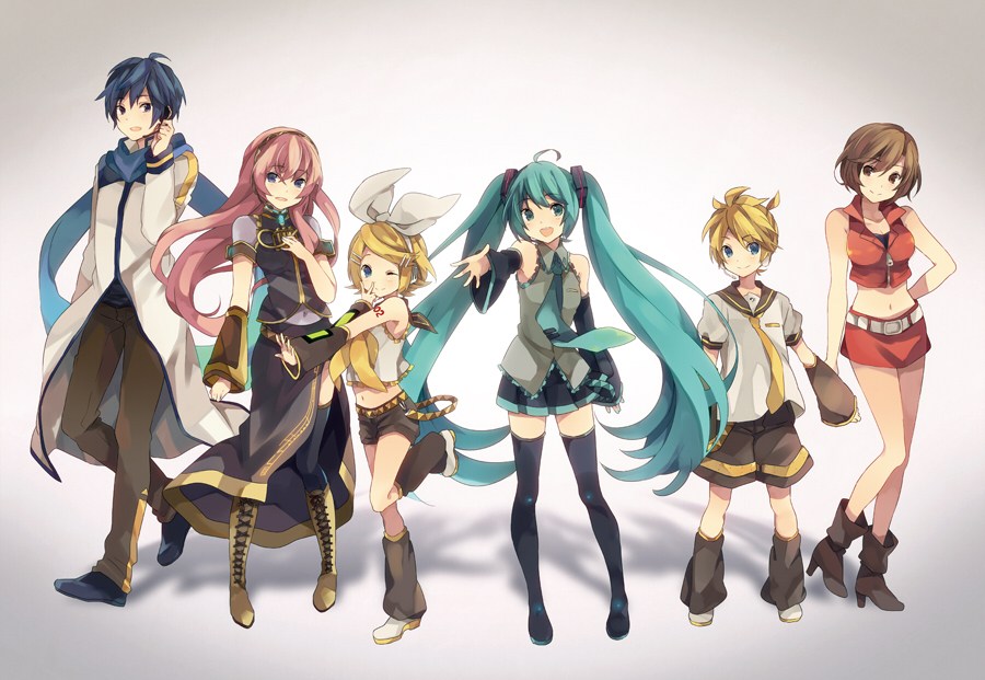 4girls aqua_eyes aqua_hair bad_id bad_pixiv_id belt blonde_hair blue_eyes blue_hair blue_scarf boots brown_eyes brown_hair cross-laced_footwear detached_sleeves hair_ribbon hand_on_own_chest hatsune_miku high_heels kagamine_len kagamine_rin kaito lace-up_boots long_hair megurine_luka meiko midriff multiple_boys multiple_girls necktie one_eye_closed ousaka_nozomi outstretched_arm pink_hair ribbon scarf shoes short_hair skirt thigh_boots thighhighs twintails very_long_hair vocaloid