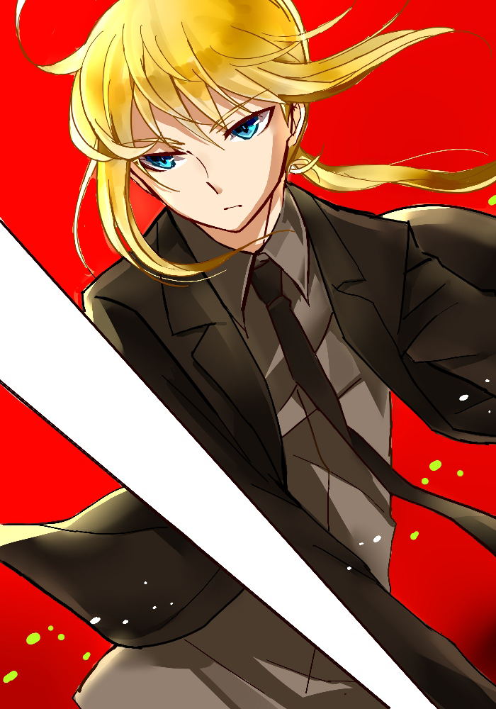 ahoge artoria_pendragon_(all) bad_id bad_pixiv_id blue_eyes fate/zero fate_(series) formal long_hair mitarashi_fate necktie pant_suit ponytail saber solo suit sword weapon