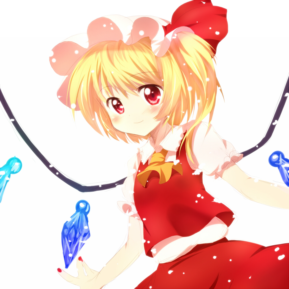 blonde_hair blush flandre_scarlet haiiro_(immature) hat hat_ribbon light_particles red_eyes ribbon side_ponytail skirt skirt_set smile solo touhou white_background wings