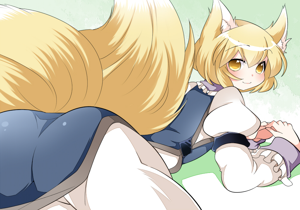 animal_ears ass bad_id bad_pixiv_id blonde_hair blush brown_eyes fox_ears fox_tail from_behind hammer_(sunset_beach) lying multiple_tails no_hat no_headwear on_stomach short_hair smile solo tabard tail touhou yakumo_ran yellow_eyes