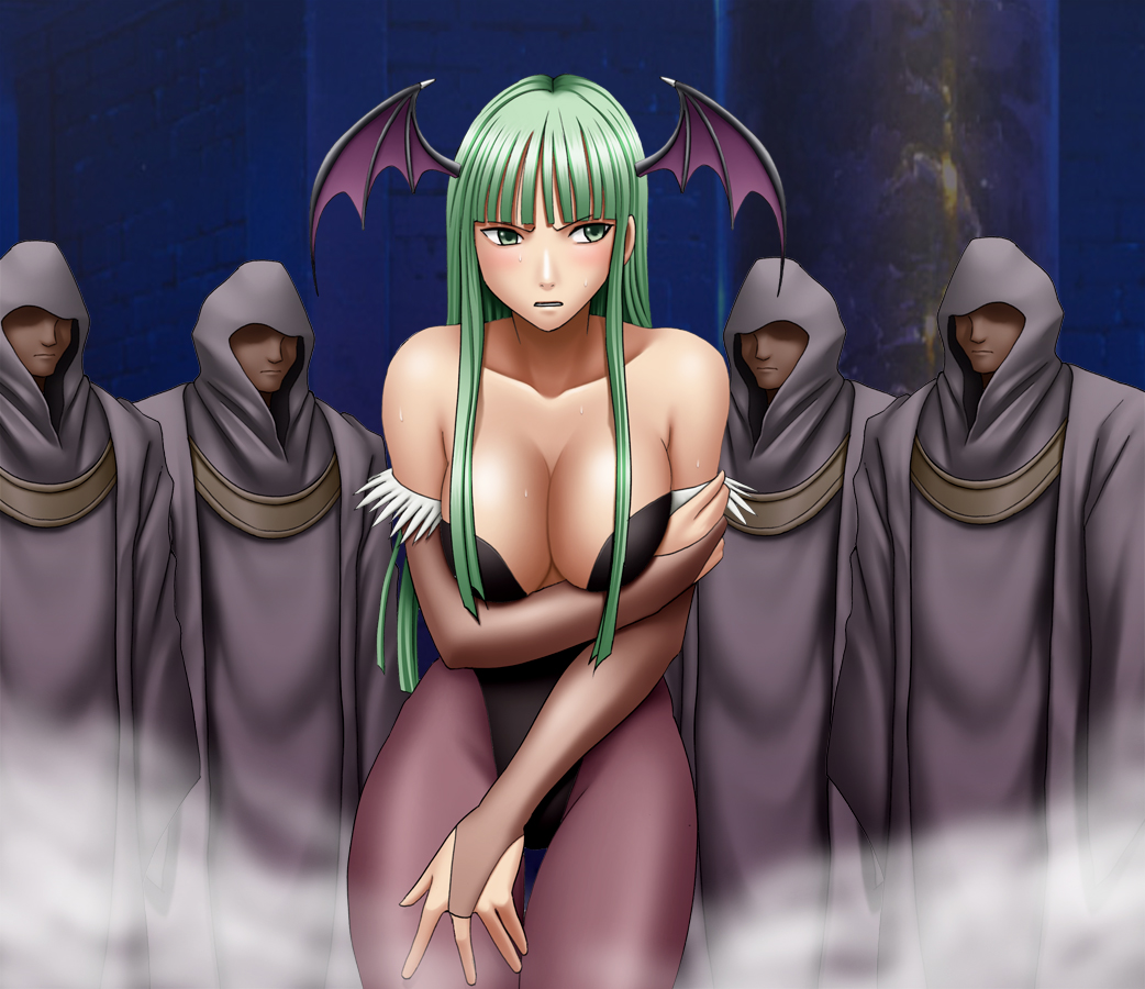 4boys bare_shoulders bat_wings blush breast_hold breasts bridal_gauntlets cleavage collarbone crimson_comics demon_girl elbow_gloves gloves green_eyes green_hair head_wings hood large_breasts leotard long_hair morrigan_aensland multiple_boys pantyhose succubus sweat sweatdrop vampire_(game) wings