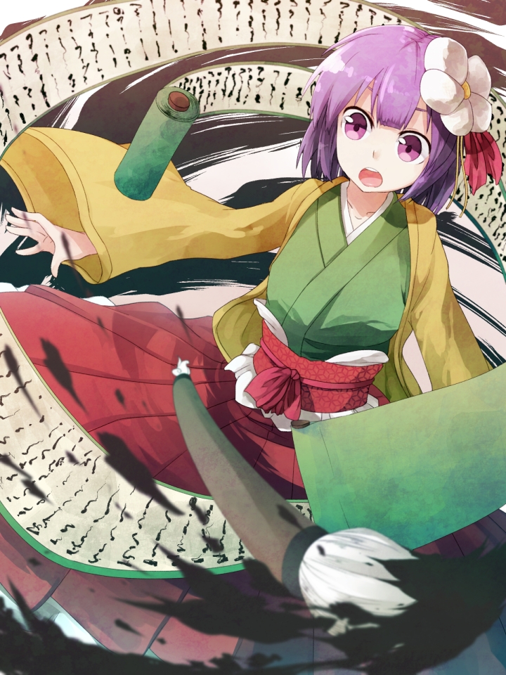 blush calligraphy_brush flower hair_flower hair_ornament hieda_no_akyuu ibuki_notsu ink japanese_clothes open_mouth outstretched_arms paintbrush purple_eyes purple_hair scroll short_hair solo touhou