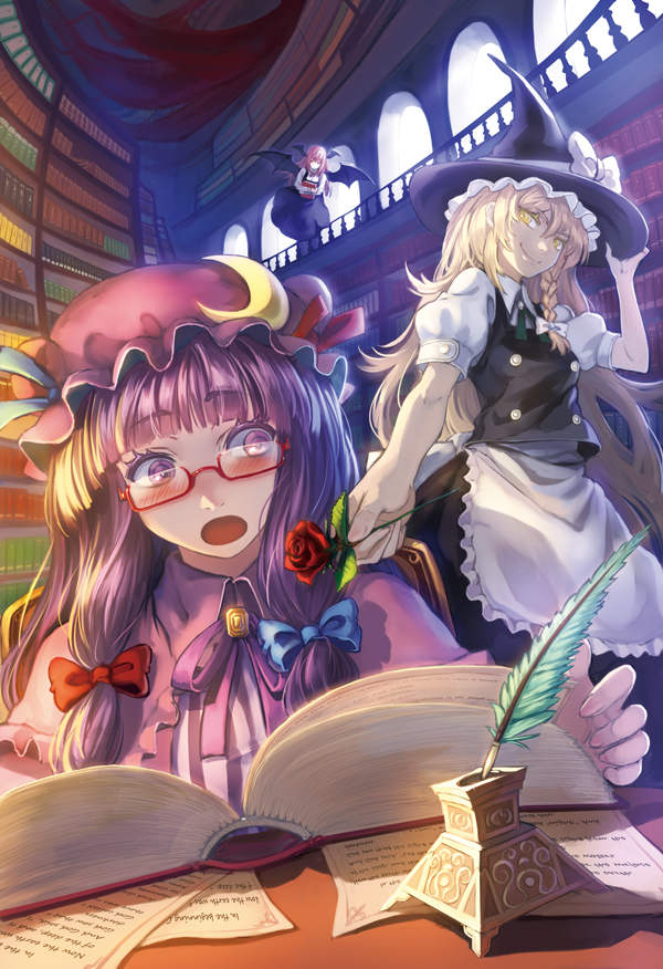 :o bespectacled blonde_hair blush book bookshelf bow braid capelet flower flying glasses hand_on_headwear hat hat_bow head_wings holding kirisame_marisa koakuma long_hair multiple_girls open_book open_mouth patchouli_knowledge purple_eyes purple_hair quill red_eyes red_hair rose ryuuzaki_ichi single_braid smile striped touhou wings witch_hat yellow_eyes yuri