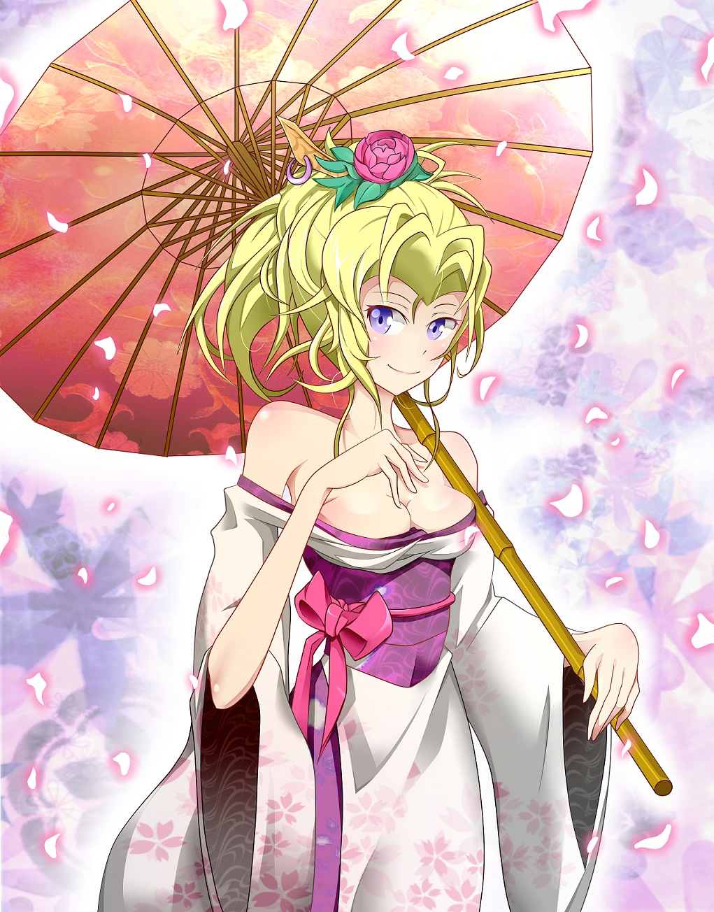 blonde_hair breasts final_fantasy final_fantasy_vi flower highres japanese_clothes kimono ribbon tina_branford umbrella