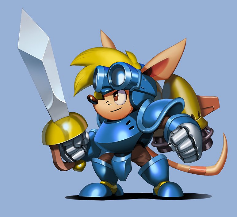 1boy animal_ears armor blonde_hair blue_armor blue_background brown_eyes chibi clenched_hands commentary english_commentary from_side full_armor full_body furry gauntlets goggles goggles_on_head greaves headgear holding holding_weapon male_focus nose pauldrons rocket_knight_adventures simon_stafsnes_andersen snout solo sparkster sword tail thrusters weapon whiskers
