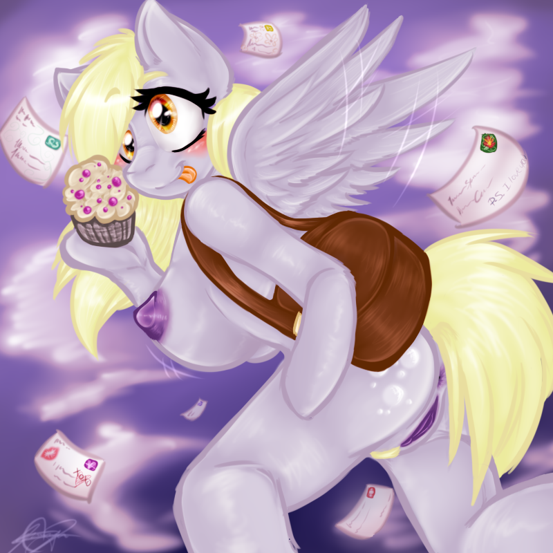 alexaxes anthro anthrofied anus blonde_hair blonde_pubes breasts butt cutie_mark derpy_hooves derpy_hooves_(mlp) envelope equine female food friendship_is_magic hair horse letter mail mammal messenger_bag muffin my_little_pony nipples orange_eyes pegasus pony purple_nipples purple_pussy pussy stamp tongue tongue_out wings