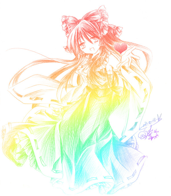 :d anna_(small_night) cravat hakurei_reimu long_hair long_skirt looking_at_viewer open_mouth outstretched_arm rainbow_order simple_background skirt smile solo touhou very_long_hair vest white_background