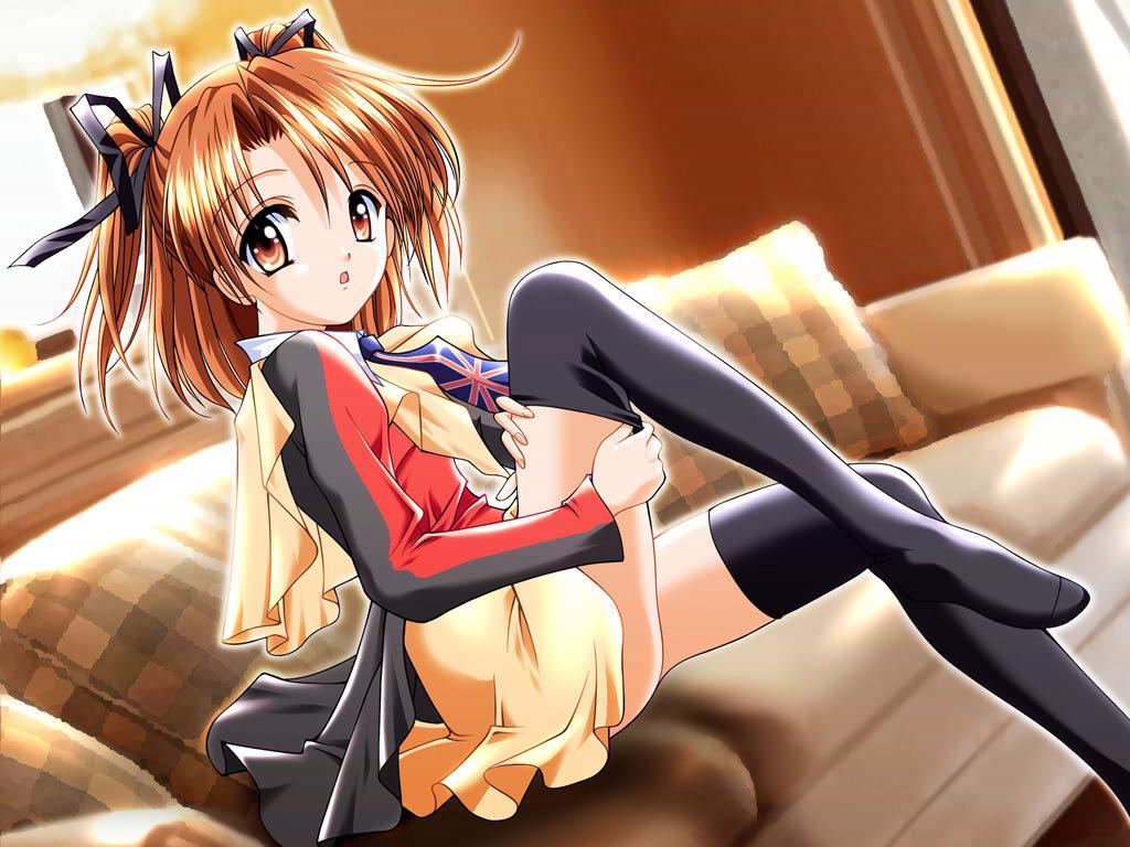 adjusting_clothes adjusting_legwear brown_eyes brown_hair couch d-ten dressing jpeg_artifacts necktie non-web_source sister_princess solo thighhighs twintails wallpaper yotsuba_(sister_princess)