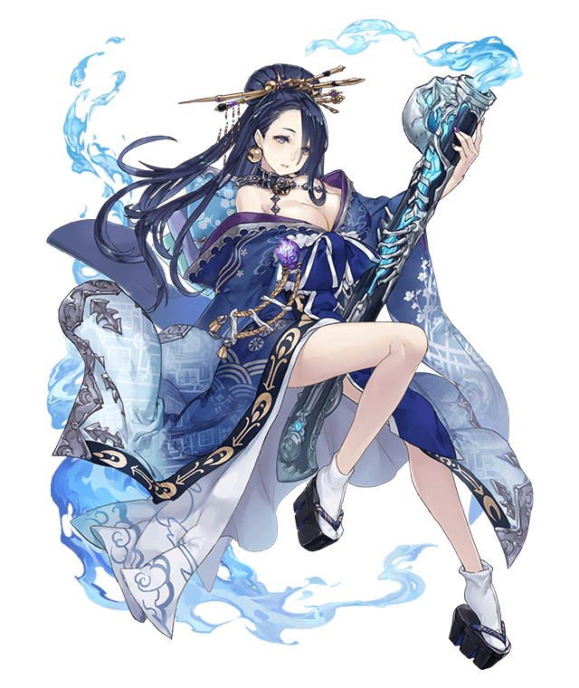 aqua aqua_fire between_legs blue_hair bone breasts collar earrings fire floral_print full_body gun hair_over_one_eye japanese_clothes jewelry ji_no kaguya_hime_(sinoalice) kimono large_breasts long_hair looking_at_viewer nail_polish off_shoulder official_art platform_footwear rifle sandals sinoalice skull socks solo source_request transparent_background weapon