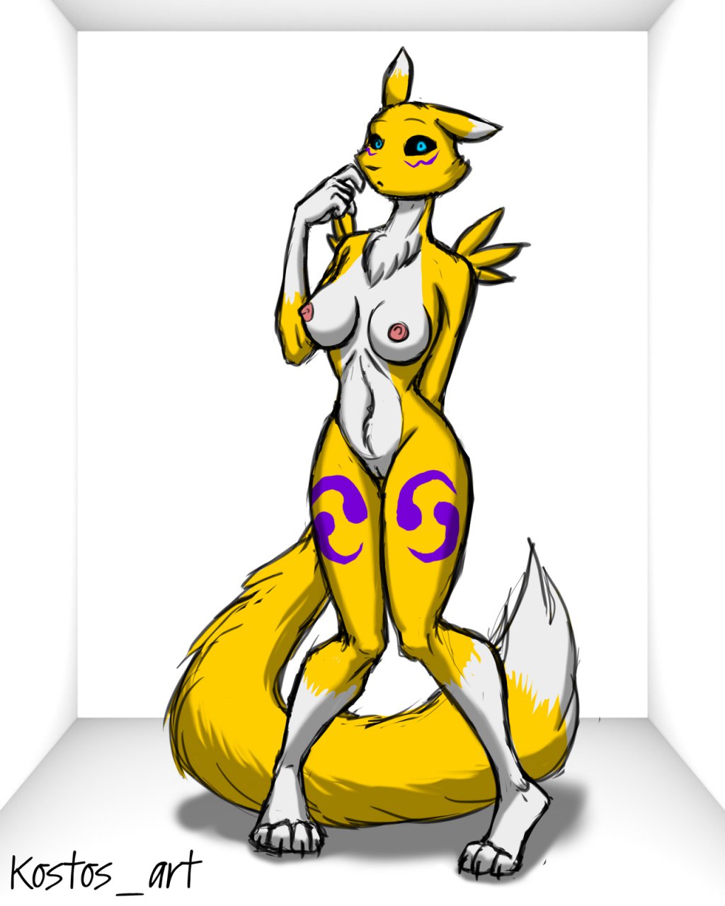 2012 anthro blue_eyes breasts canine claws digimon female fluffy fox kostos_art mammal mane markings nipples nude plain_background pussy renamon solo text toes white_background