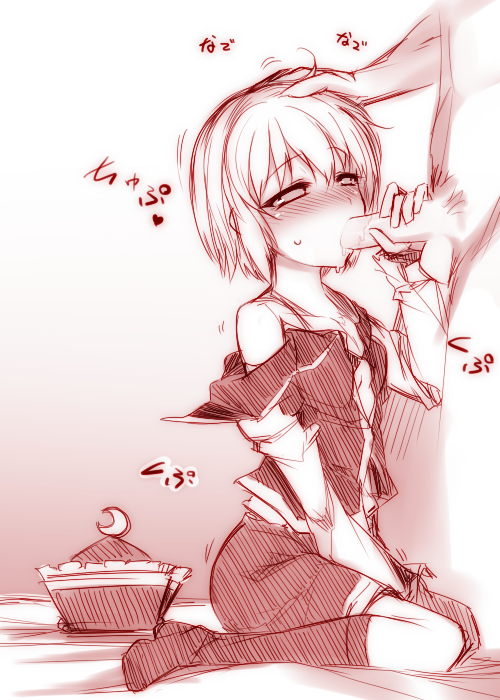 blush crescent fellatio hand_on_another's_head hat hat_removed headwear_removed hetero kazetto kneehighs lunasa_prismriver monochrome off_shoulder open_clothes oral penis petite saliva sitting sketch skirt solo_focus testicles touhou wariza