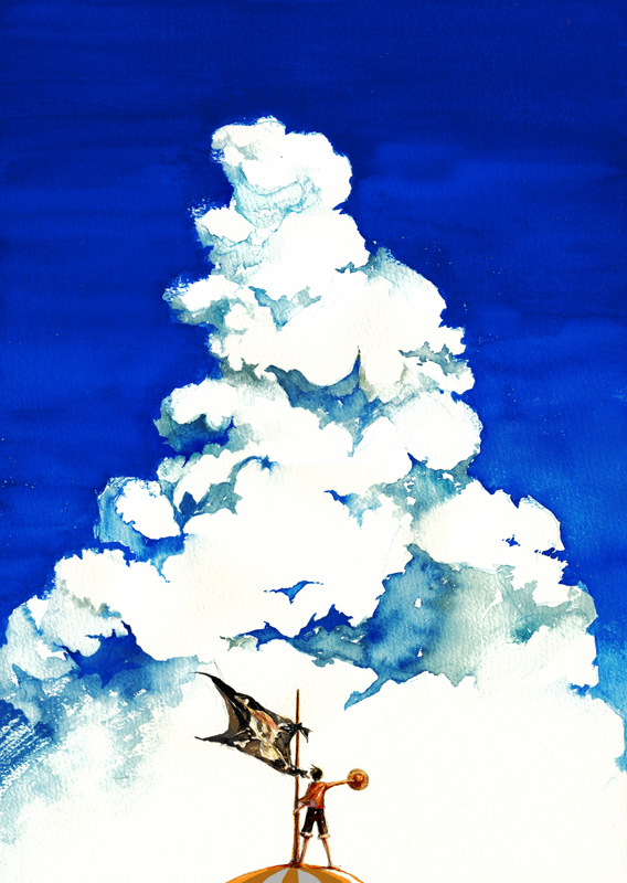 cloud day flag hat jolly_roger kusaco male_focus monkey_d_luffy one_piece sky solo straw_hat
