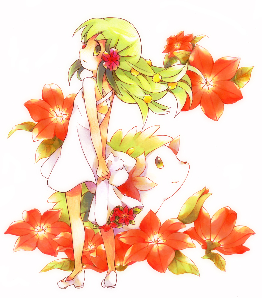 arms_behind_back bare_shoulders bouquet colored_pencil_(medium) dress flower full_body gen_4_pokemon green_eyes green_hair hair_ornament long_hair marker_(medium) mary_janes mixed_media moemon no_socks personification pokemon pokemon_(creature) shaymin shoes simple_background smile solo sundress tachitsu_teto traditional_media white_background
