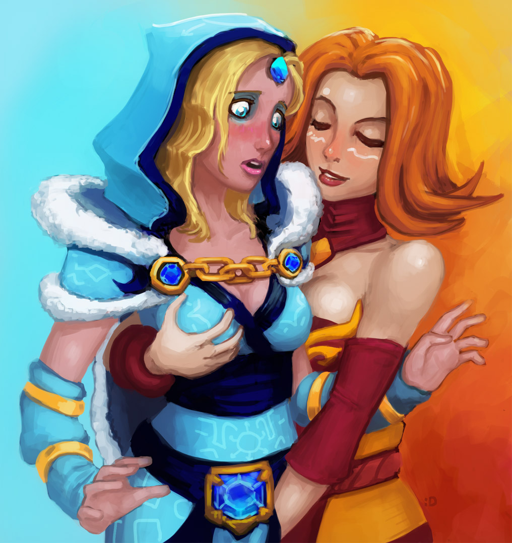 :d blonde_hair blush breast_grab breasts clothing couple crystal_maiden dota dota_2 duo female grope hair incest lesbian lina lina_(dota) lina_inverse_the_slayer red_hair rylai_the_crystal_maiden sibling