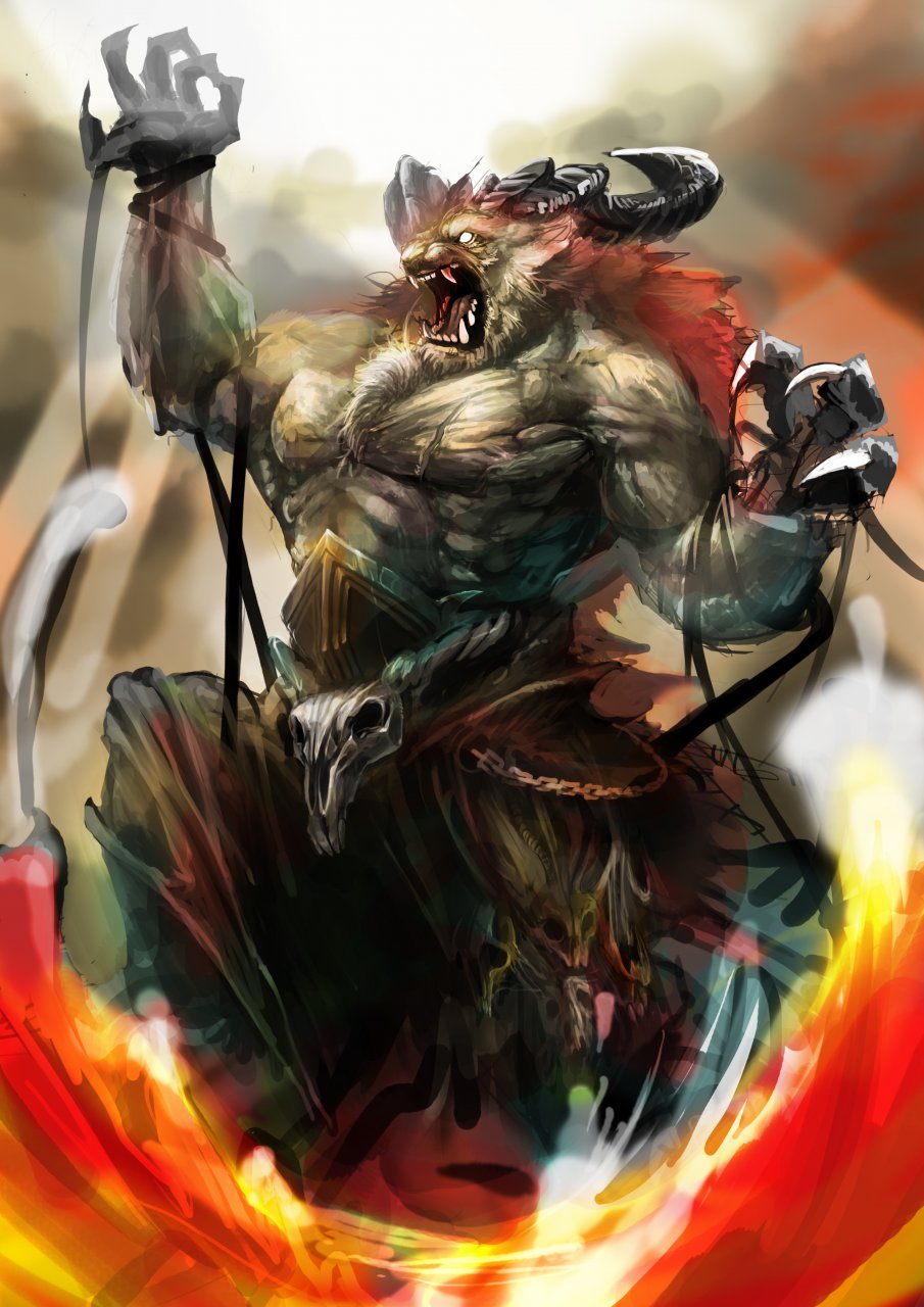 anthro armor beast belt biceps chest_tuft claws clothing dragon fangs feline fur grey_fur hair horn male mammal muscles open_mouth pecs solo teeth tiger tongue topless tuft unknown_artist warm_colors