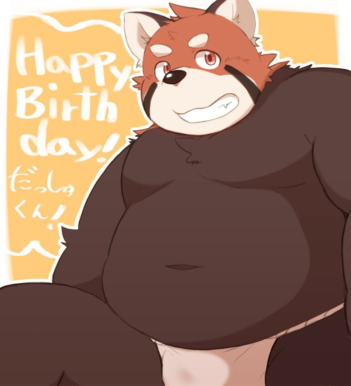 2017 96tning anthro belly bulge clothing english_text fundoshi japanese_clothing japanese_text male mammal moobs navel overweight overweight_male red_panda simple_background solo text underwear