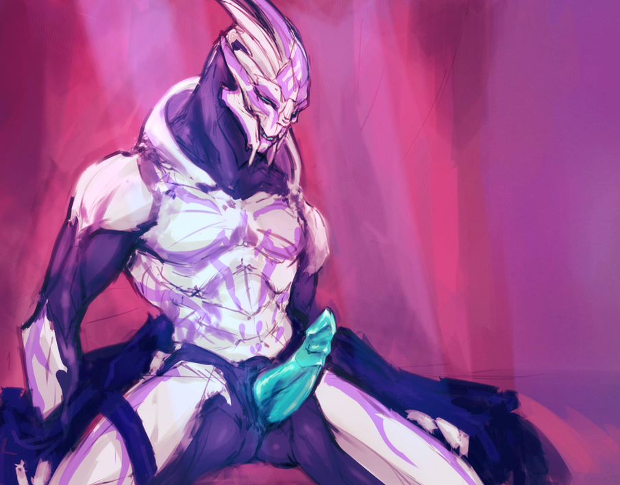 alien blue_eyes blue_penis chillchell erection male mandibles mass_effect nude original_character penis sitting solo turian white_body