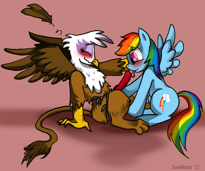 avian blue_feathers blue_fur blush brown_feathers brown_fur cutie_mark dildo duo equine eyes_closed female feral friendship_is_magic fur gilda gilda_(mlp) gryphon hair horse interspecies lesbian licking mammal multi-colored_hair my_little_pony oral oral_sex pegasus pink_background plain_background pony purple_eyes rainbow_dash rainbow_dash_(mlp) rainbow_hair sex sex_toy strapon susiebeeca tongue tongue_out white_feathers wing_boner wings