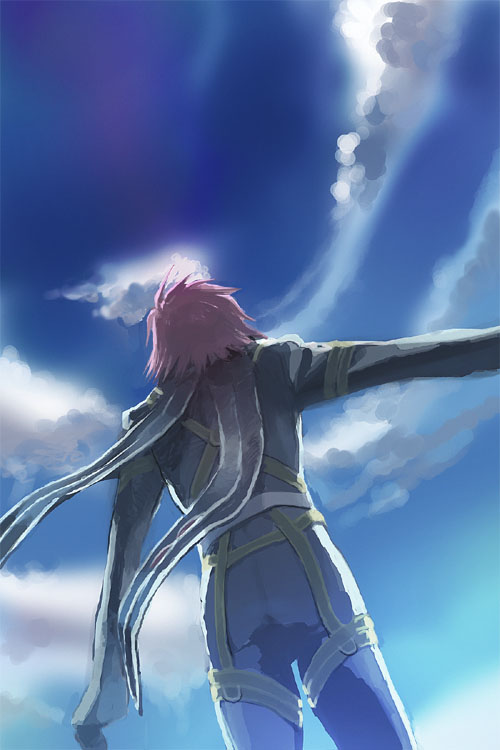 blue_background cloud day kratos_aurion male_focus shimabara sky solo tales_of_(series) tales_of_symphonia