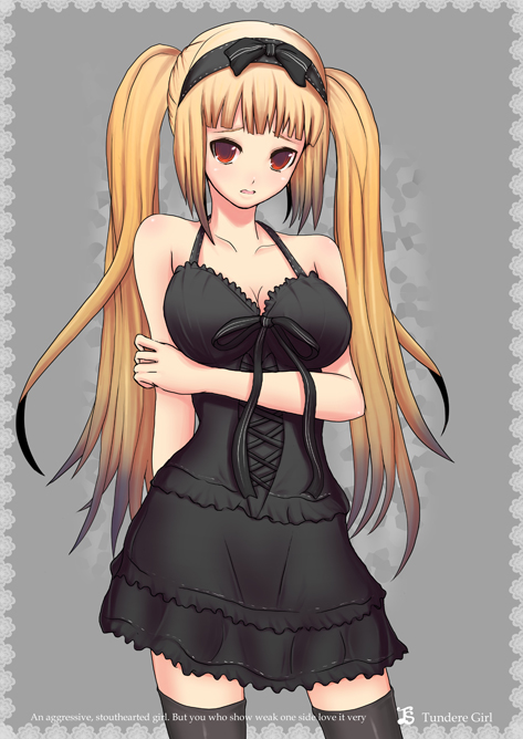 bad_id bad_pixiv_id blonde_hair breast_hold breasts cleavage dress hairband large_breasts long_hair original red_eyes ribbon solo t-track thighhighs twintails zettai_ryouiki