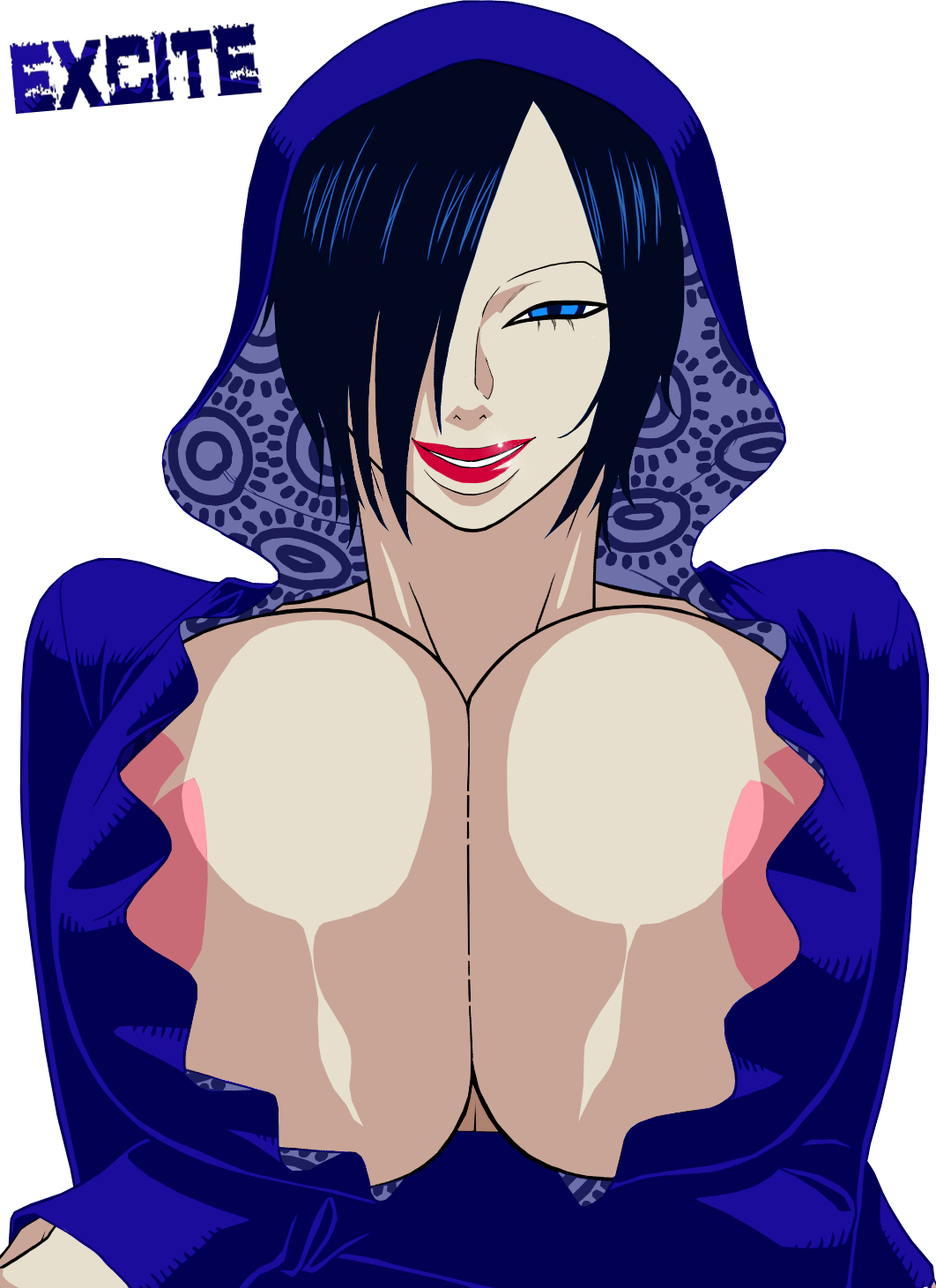 1girl areola_slip areolae black_hair blue_eyes breasts cleavage crossed_arms curvy giantess grin hair_over_one_eye highres hood hoodie huge_breasts large_areolae lips lipstick looking_at_viewer madame_shirley makeup mermaid monster_girl murata naughty_face no_bra one_piece pale_skin short_hair simple_background slit_pupils smile solo white_background
