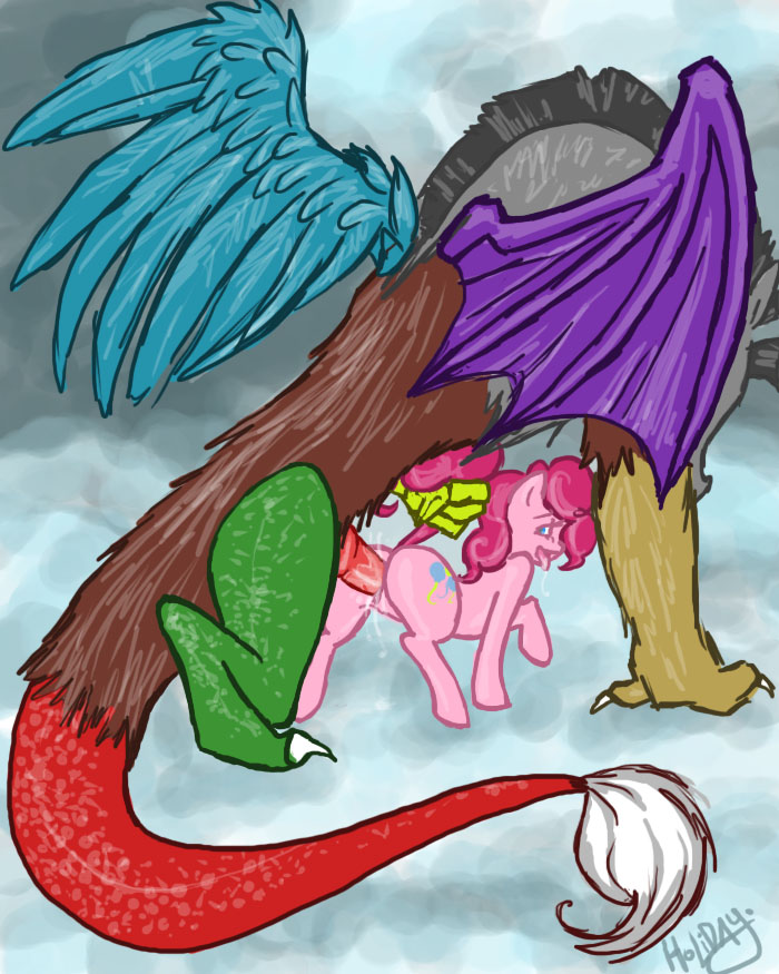 all_fours blue_eyes butt cutie_mark discord discord_(mlp) doggystyle draconequus drooling duo equine female feral friendship_is_magic from_behind fur hair horse interspecies male mammal my_little_pony penetration penis pink_fur pink_hair pinkie_pie pinkie_pie_(mlp) pony pussy saliva sex signature size_difference straight theholidays tongue vaginal vaginal_penetration wings