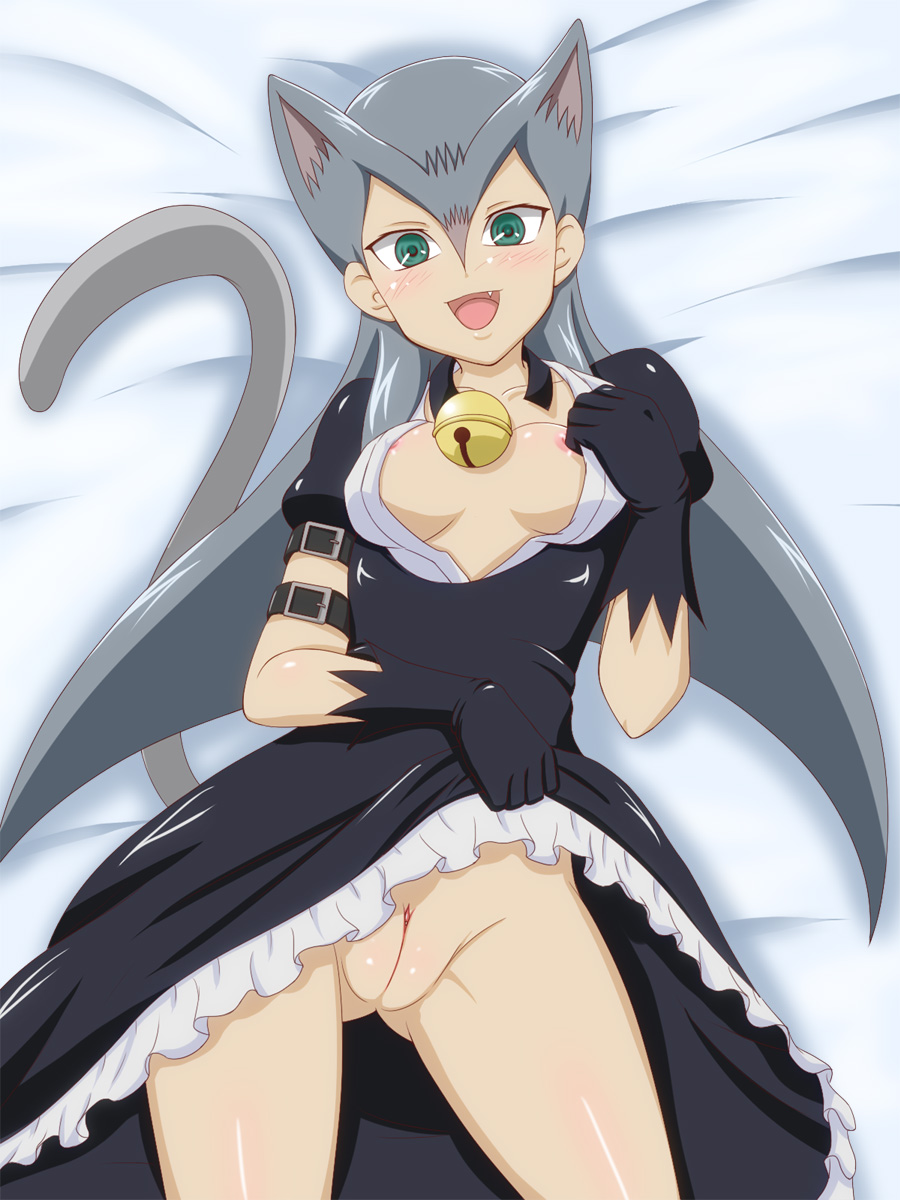 1girl animal_ears bell blush breasts cat_ears cat_tail cathy cathy_(yuu-gi-ou_zexal) cleft_of_venus fang fat_mons green_eyes grey_hair highres large_breasts long_hair no_panties open_mouth pussy skirt skirt_lift solo tail takappe uncensored yu-gi-oh! yu-gi-oh!_zexal yuu-gi-ou_zexal