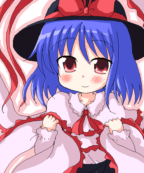 black_hat black_skirt blush bow capelet clenched_hands collarbone frills geetsu hat hat_bow nagae_iku oekaki red_eyes short_hair simple_background skirt solo touhou upper_body white_background