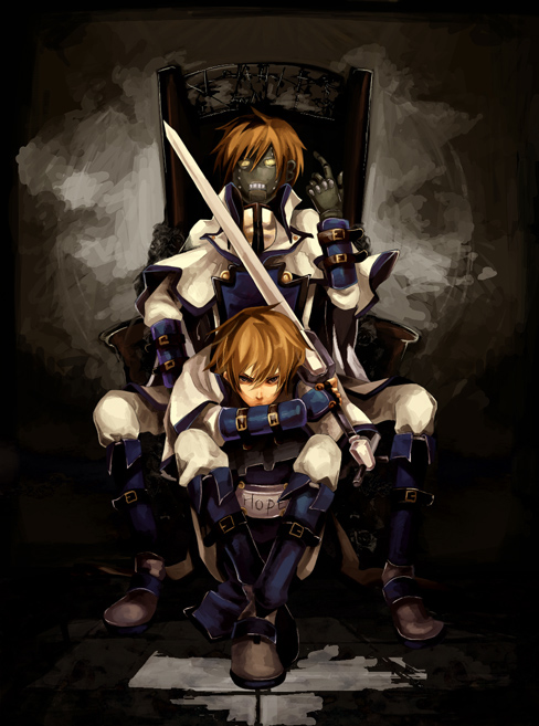 artist_request brown_hair full_body gauntlets guilty_gear holding holding_sword holding_weapon ky_kiske looking_at_viewer multiple_boys robo-ky robot shoulder_pads sitting sword throne weapon
