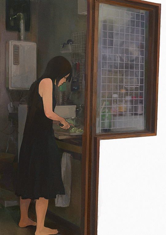 banned_artist bare_shoulders barefoot cooking dress from_outside kumaori_jun lettuce original solo window