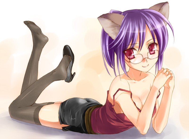animal_ears ass breasts cleavage fox_(trickster) fox_ears glasses high_heels lying medium_breasts miniskirt mofmof_(sousa) on_stomach pencil_skirt purple_hair red_eyes shoe_dangle shoes single_shoe skirt solo strap_slip thighhighs trickster