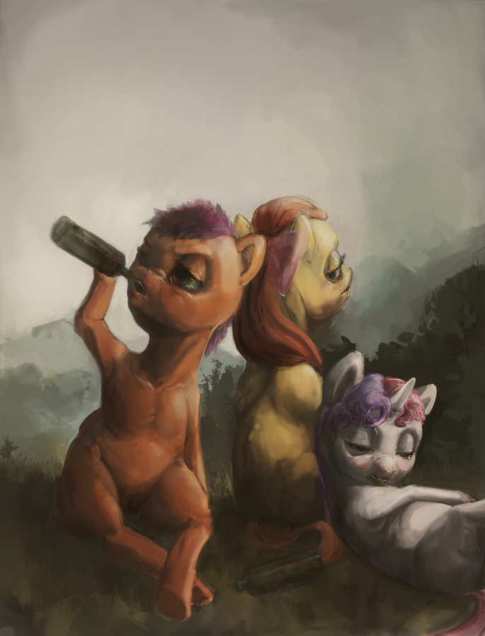 apple_bloom apple_bloom_(mlp) blush bottle bow creepy cutie_mark_crusaders cutie_mark_crusaders_(mlp) drinking drunk equine exalius female feral friendship_is_magic fur grass group hair half-closed_eyes horn horse looking_at_viewer looking_back lying mammal my_little_pony nightmare_fuel on_back open_mouth orange_fur outside pony purple_hair pussy red_eyes red_hair scootaloo scootaloo_(mlp) short_hair sitting sweetie_belle sweetie_belle_(mlp) two_tone_hair unicorn white_fur yellow_fur