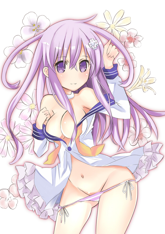 bad_id bad_pixiv_id breasts buttons choujigen_game_neptune_mk2 cleavage collarbone floral_background groin hair_ornament long_hair long_sleeves medium_breasts midriff mikan_no_shiru navel nepgear neptune_(series) no_bra open_clothes open_shirt panties panty_pull purple_eyes purple_hair purple_panties shirt side-tie_panties sidelocks smile stomach underwear white_shirt