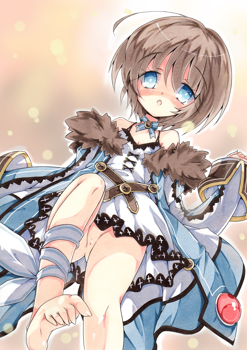 bare_legs bare_shoulders barefoot blanc blue_eyes blush brown_hair colored_pencil_(medium) feet highres milkpanda neptune_(series) no_panties open_mouth pussy short_hair solo toes traditional_media